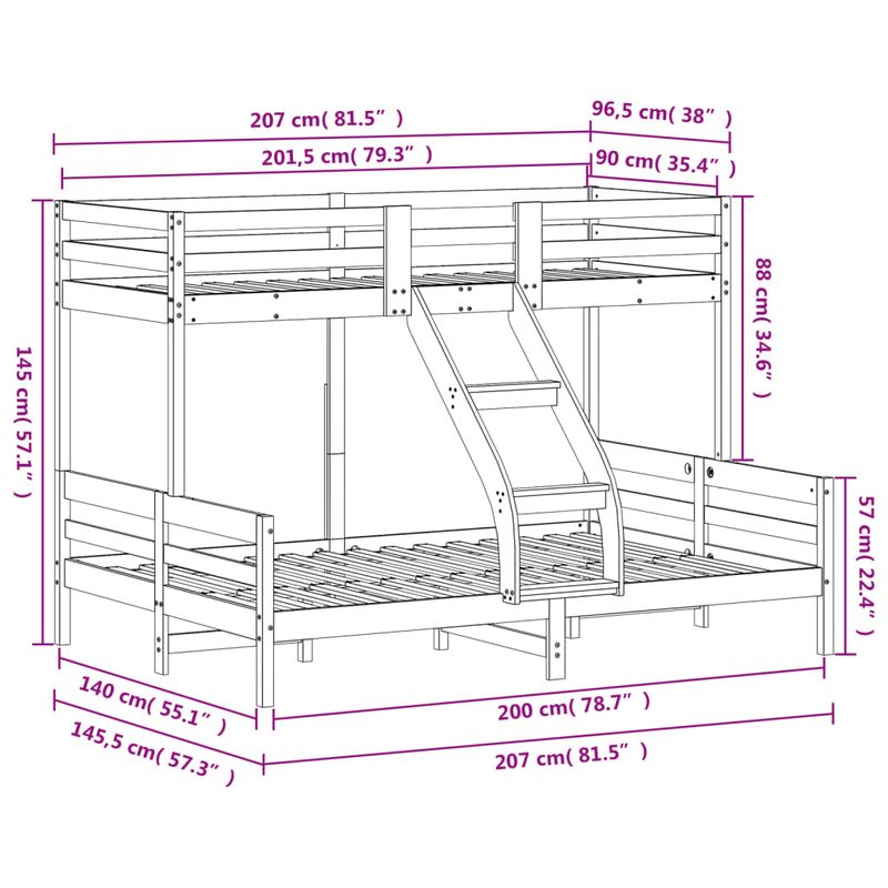 Casa si Gradina - Mobilier - Paturi si accesorii - Paturi - Pat supraetajat, 90x200/140x200 cm, alb, lemn masiv de pin - Infinity.ro