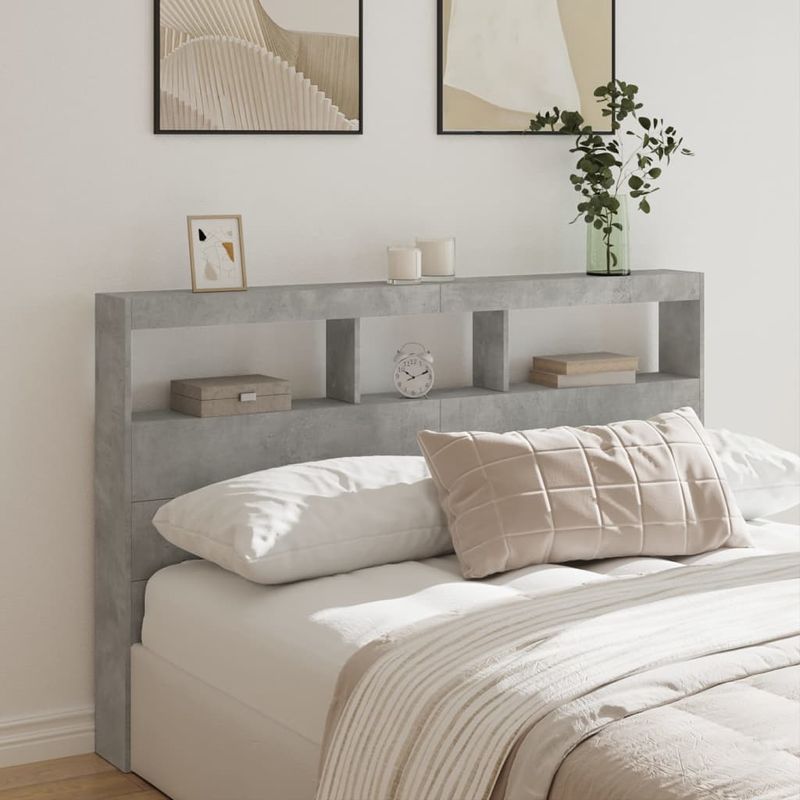 Casa si Gradina - Mobilier - Paturi si accesorii - Accesorii paturi - Tablie de pat cu dulap si LED, gri beton, 160x17x102 cm - Infinity.ro