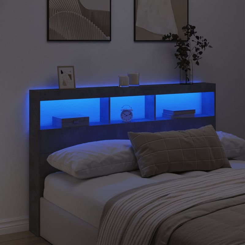 Casa si Gradina - Mobilier - Paturi si accesorii - Accesorii paturi - Tablie de pat cu dulap si LED, gri beton, 160x17x102 cm - Infinity.ro