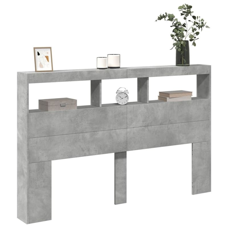 Casa si Gradina - Mobilier - Paturi si accesorii - Accesorii paturi - Tablie de pat cu dulap si LED, gri beton, 160x17x102 cm - Infinity.ro