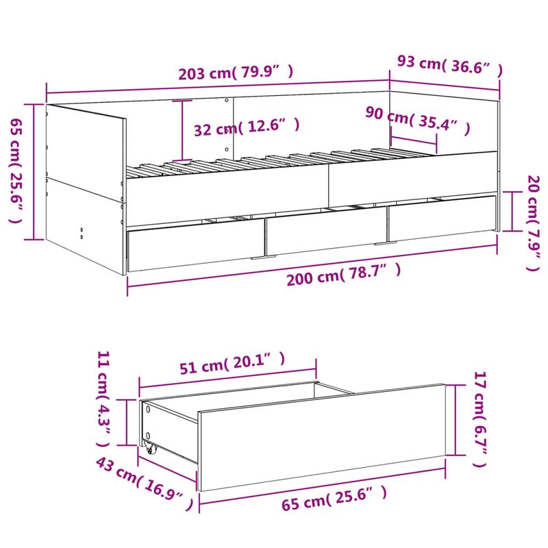 Casa si Gradina - Mobilier - Paturi si accesorii - Paturi - Cadru pat de zi cu sertare gri sonoma 90x200 cm lemn prelucrat - Infinity.ro