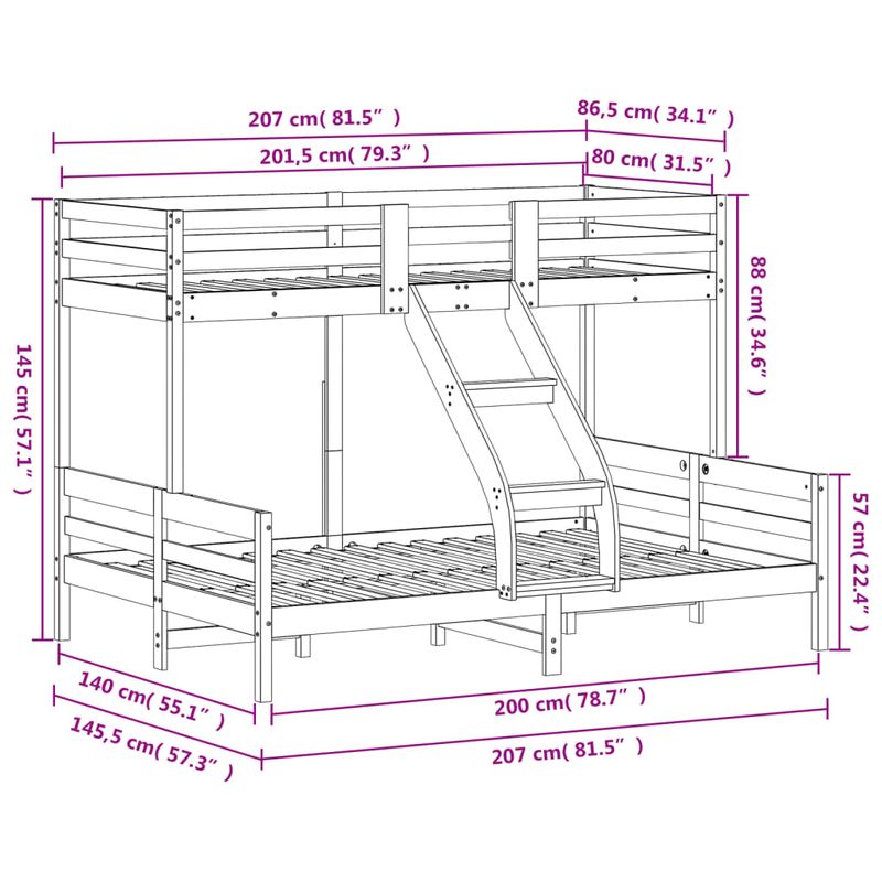 Casa si Gradina - Mobilier - Paturi si accesorii - Paturi - Pat supraetajat, 80x200/140x200 cm, alb, lemn masiv de pin - Infinity.ro