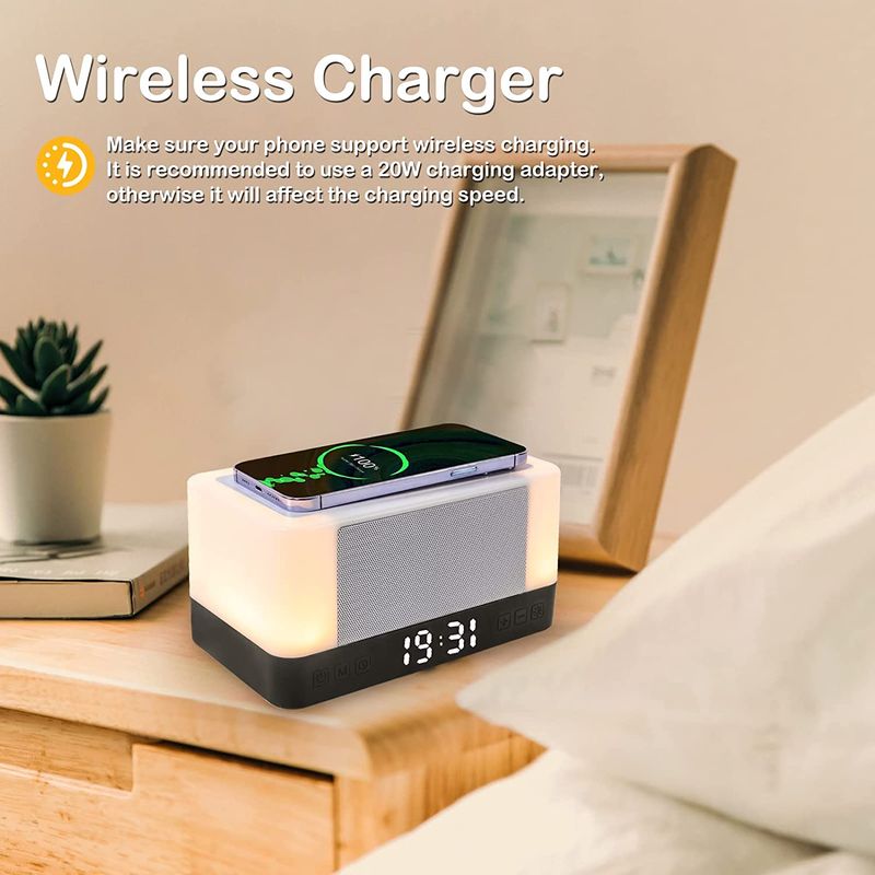 Casa si Gradina - Corpuri si surse de iluminat - Veioze si lampi - Veioze - Lampa led RGB, cu incarcare wireless pentru telefon, ceas si boxa bluetooth, compatibila cu iPhone/Samsung/Huawei, Alb - Infinity.ro