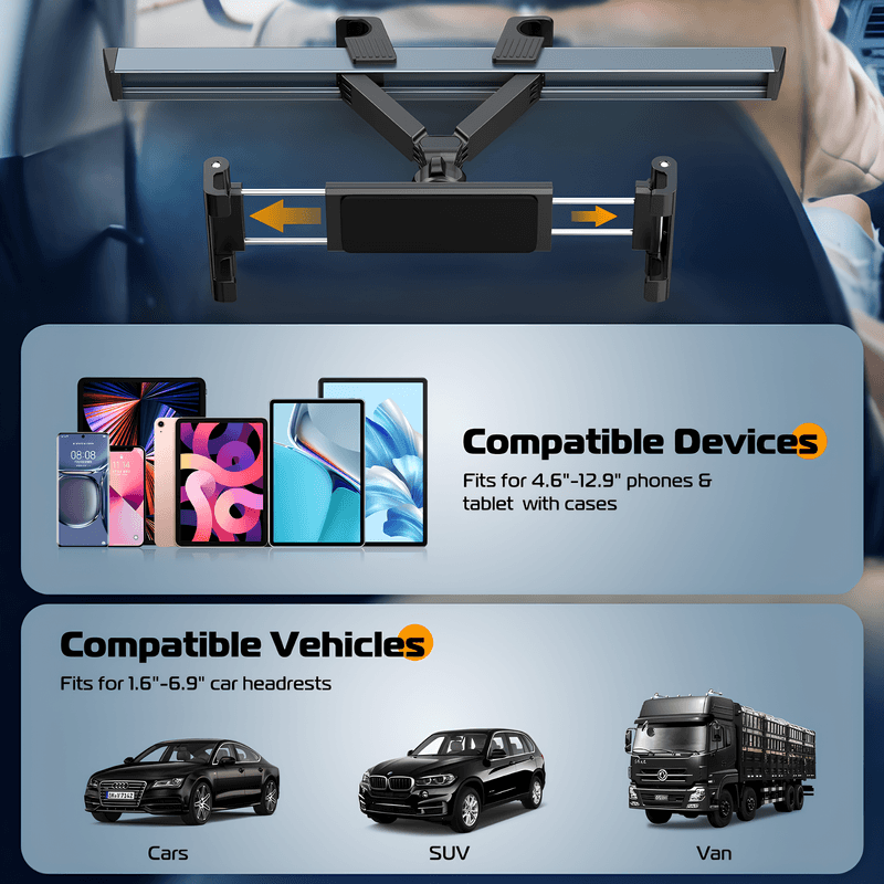 Auto si Moto - Piese auto si accesorii - Interior auto - Accesorii interior - Suport auto tetiera pentru tableta si telefon, Reglabil si pliabil, Aliaj, Negru/Argintiu - Infinity.ro