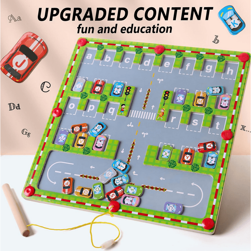 Jucarii, Copii si Bebe - Jucarii si jocuri - Jucarii & jocuri educative - Jucarii interactive - Labirint cu masini magnetice inscriptionate cu litere, parcheaza masina pe litera corecta cu pixul magnetic, 30x30x1.5cm - Infinity.ro