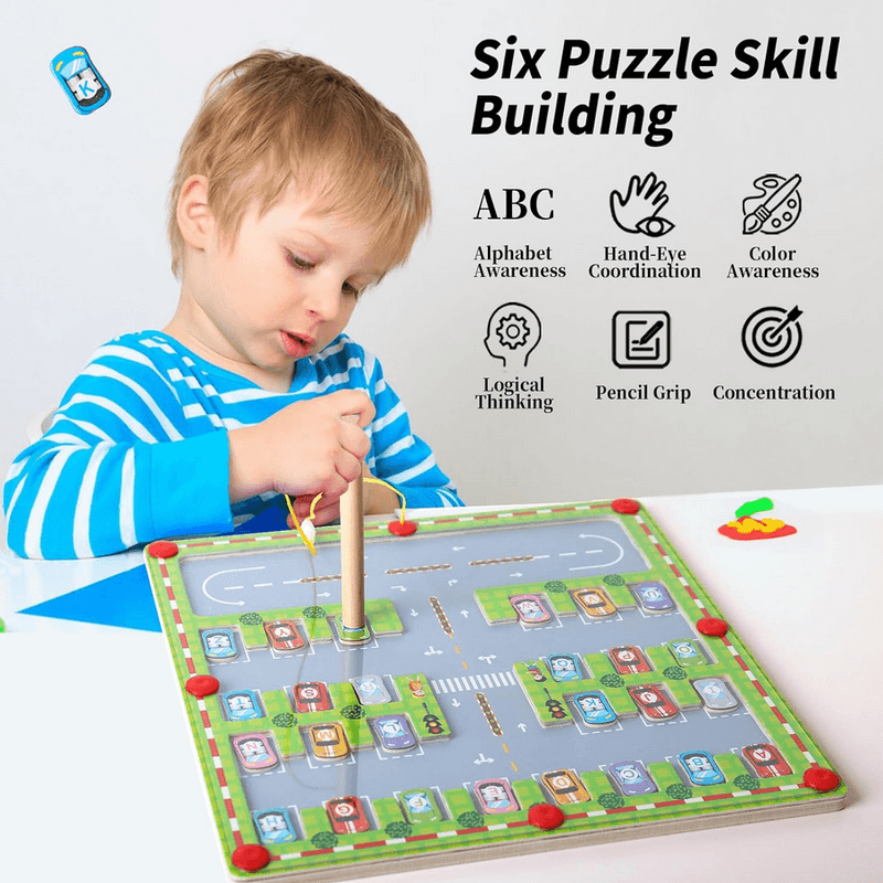 Jucarii, Copii si Bebe - Jucarii si jocuri - Jucarii & jocuri educative - Jucarii interactive - Labirint cu masini magnetice inscriptionate cu litere, parcheaza masina pe litera corecta cu pixul magnetic, 30x30x1.5cm - Infinity.ro