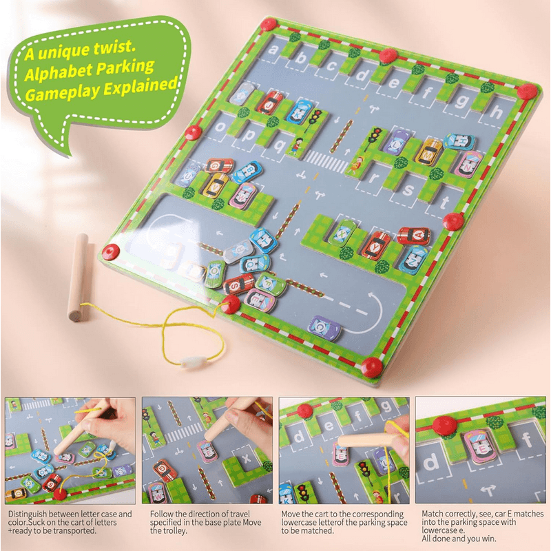 Jucarii, Copii si Bebe - Jucarii si jocuri - Jucarii & jocuri educative - Jucarii interactive - Labirint cu masini magnetice inscriptionate cu litere, parcheaza masina pe litera corecta cu pixul magnetic, 30x30x1.5cm - Infinity.ro