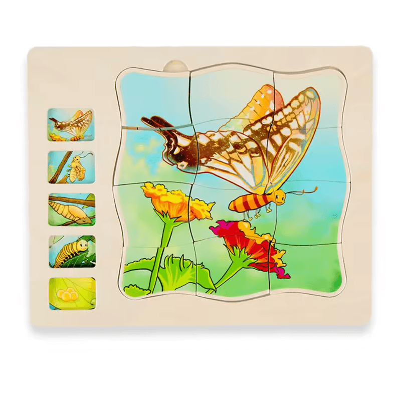 Jucarii, Copii si Bebe - Jucarii si jocuri - Jucarii & jocuri educative - Jocuri si jucarii educative - Puzzle din lemn in 5 straturi cu ciclul de viata al fluturelui, 22x18x2cm - Infinity.ro