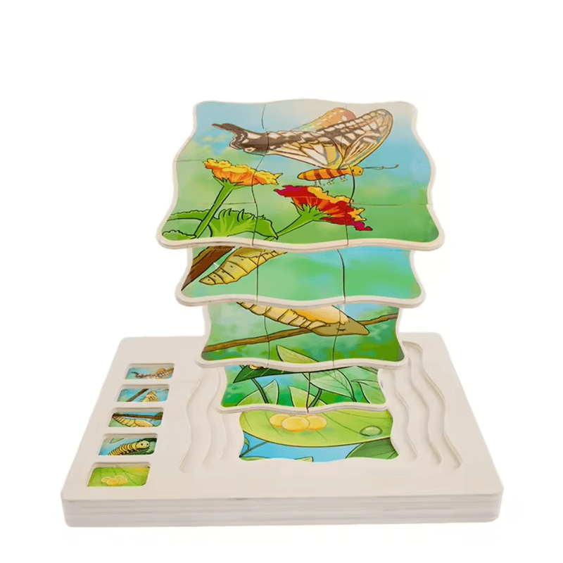 Jucarii, Copii si Bebe - Jucarii si jocuri - Jucarii & jocuri educative - Jocuri si jucarii educative - Puzzle din lemn in 5 straturi cu ciclul de viata al fluturelui, 22x18x2cm - Infinity.ro