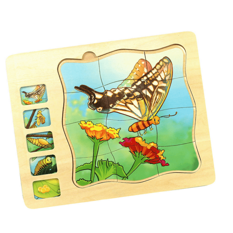 Jucarii, Copii si Bebe - Jucarii si jocuri - Jucarii & jocuri educative - Jocuri si jucarii educative - Puzzle din lemn in 5 straturi cu ciclul de viata al fluturelui, 22x18x2cm - Infinity.ro