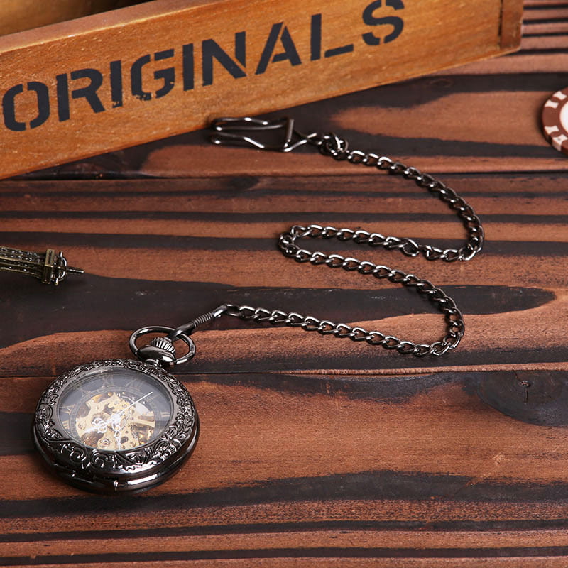 Fashion, accesorii si bijuterii - Barbati - Bijuterii barbati - Ceasuri barbati - Ceas de buzunar MBrands, negru cu auriu, skeleton, Mecanic, cu lant , stil Vintage , cutie - Infinity.ro