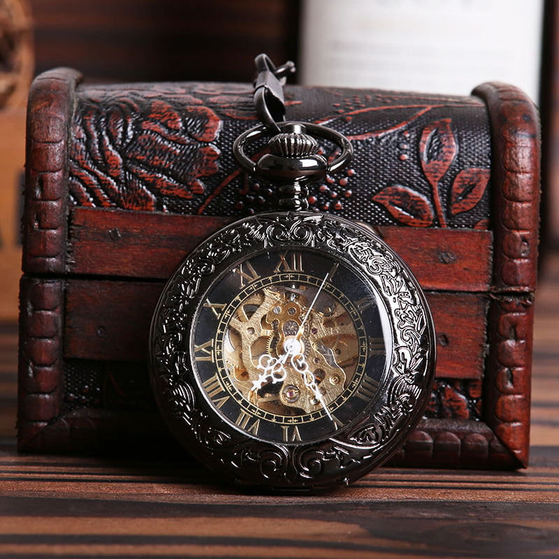 Fashion, accesorii si bijuterii - Barbati - Bijuterii barbati - Ceasuri barbati - Ceas de buzunar MBrands, negru cu auriu, skeleton, Mecanic, cu lant , stil Vintage , cutie - Infinity.ro
