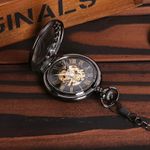 Fashion, accesorii si bijuterii - Barbati - Bijuterii barbati - Ceasuri barbati - Ceas de buzunar MBrands, negru cu auriu, skeleton, Mecanic, cu lant , stil Vintage , cutie - Infinity.ro