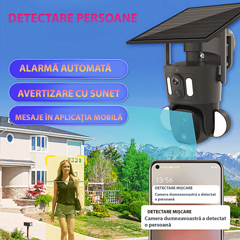 Laptop, Telefoane si Tablete - Wearables si gadgeturi - Gadgeturi - Dispozitive spionaj - Camera de supraveghere dubla, Q32, 4G, Wi-Fi, 4MP, PTZ, CCTV, IP 66, panou solar 9W, vedere panoramica 360º - Infinity.ro