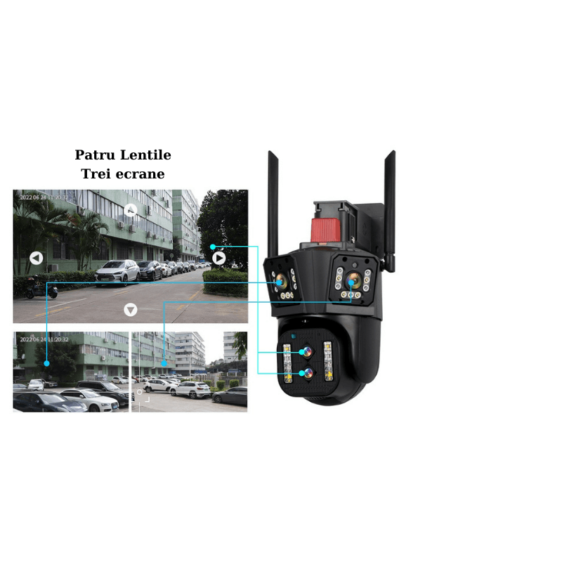 Casa si Gradina - Electrice - Smart Home - Camere de supraveghere - Camera de supraveghere PTZ, Tripla, 4 lentile, 4MPx4, 8K Ultra HD, 10xZoom, WI-FI, Alarma audio si luminoasa - Infinity.ro