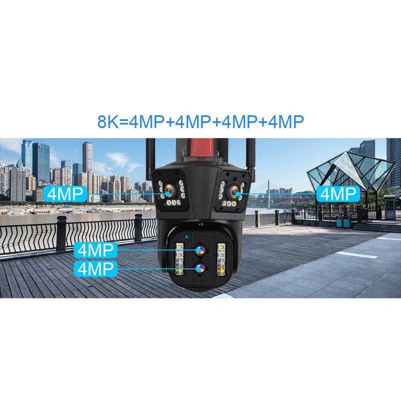 Casa si Gradina - Electrice - Smart Home - Camere de supraveghere - Camera de supraveghere PTZ, Tripla, 4 lentile, 4MPx4, 8K Ultra HD, 10xZoom, WI-FI, Alarma audio si luminoasa - Infinity.ro