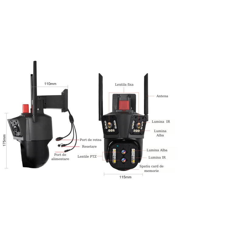 Casa si Gradina - Electrice - Smart Home - Camere de supraveghere - Camera de supraveghere PTZ, Tripla, 4 lentile, 4MPx4, 8K Ultra HD, 10xZoom, WI-FI, Alarma audio si luminoasa - Infinity.ro