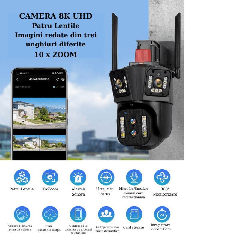 Casa si Gradina - Electrice - Smart Home - Camere de supraveghere - Camera de supraveghere PTZ, Tripla, 4 lentile, 4MPx4, 8K Ultra HD, 10xZoom, WI-FI, Alarma audio si luminoasa - Infinity.ro