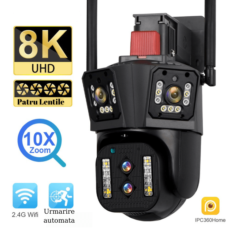 Casa si Gradina - Electrice - Smart Home - Camere de supraveghere - Camera de supraveghere PTZ, Tripla, 4 lentile, 4MPx4, 8K Ultra HD, 10xZoom, WI-FI, Alarma audio si luminoasa - Infinity.ro