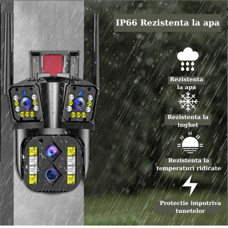 Casa si Gradina - Electrice - Smart Home - Camere de supraveghere - Camera de supraveghere PTZ, Tripla, 4 lentile, 4MPx4, 8K Ultra HD, 10xZoom, WI-FI, Alarma audio si luminoasa - Infinity.ro
