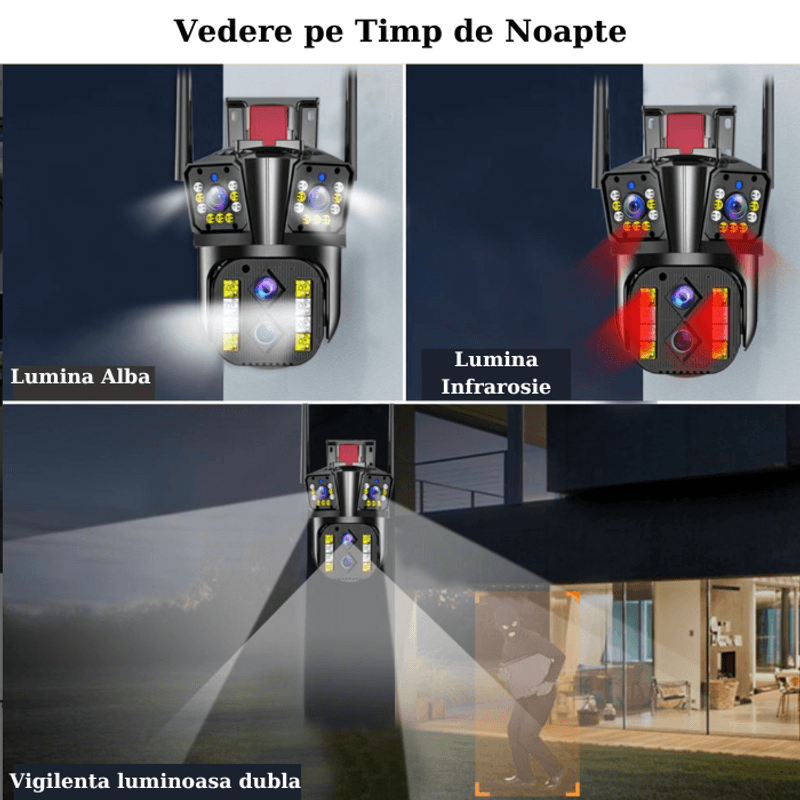 Casa si Gradina - Electrice - Smart Home - Camere de supraveghere - Camera de supraveghere PTZ, Tripla, 4 lentile, 4MPx4, 8K Ultra HD, 10xZoom, WI-FI, Alarma audio si luminoasa - Infinity.ro