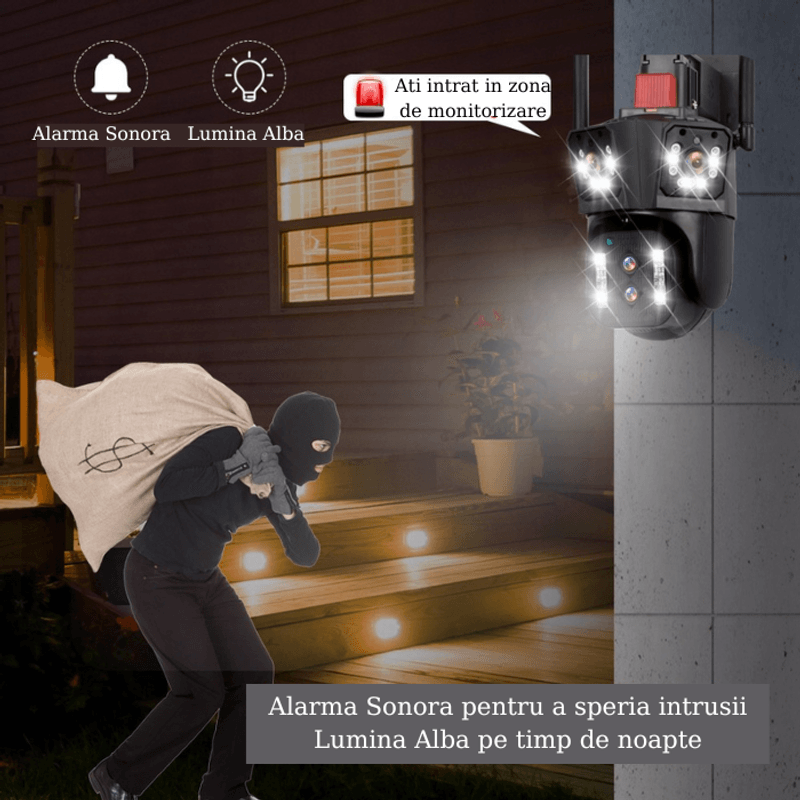 Casa si Gradina - Electrice - Smart Home - Camere de supraveghere - Camera de supraveghere PTZ, Tripla, 4 lentile, 4MPx4, 8K Ultra HD, 10xZoom, WI-FI, Alarma audio si luminoasa - Infinity.ro