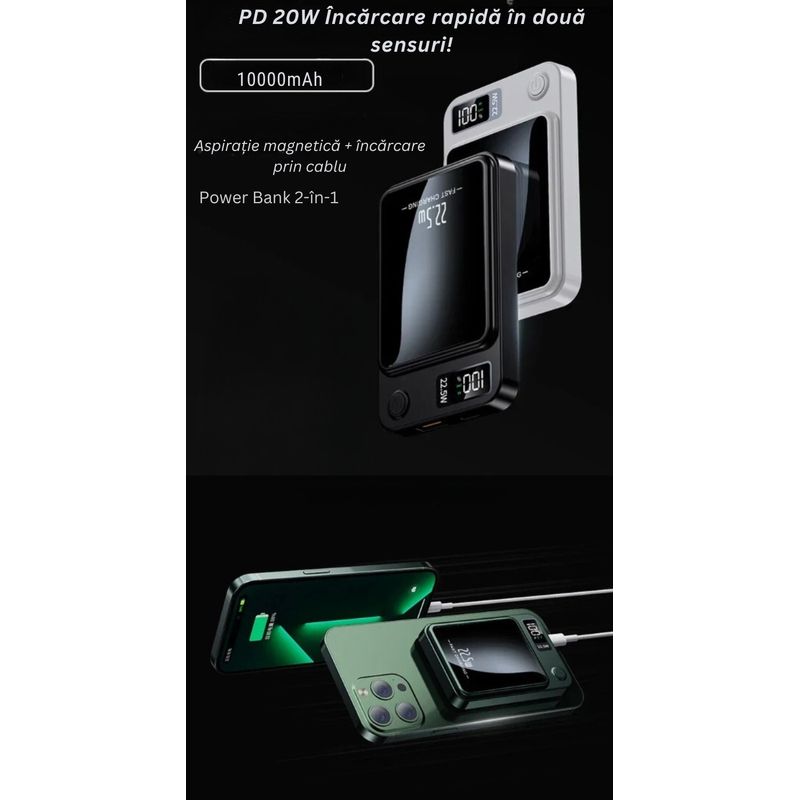 Laptop, Telefoane si Tablete - Telefoane mobile si accesorii - Accesorii Telefoane - Baterii externe - Baterie Externa DolphinMC®, Incarcare wireless, Usb C, Magsafe, Fast Charge 15W, Power Bank 10.000 mAh, Negru - Infinity.ro