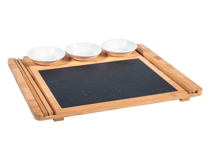 Set Servire Sushi, 9 piese, Platou din piatra naturala si bambus cu boluri portelan, 24x29 cm
