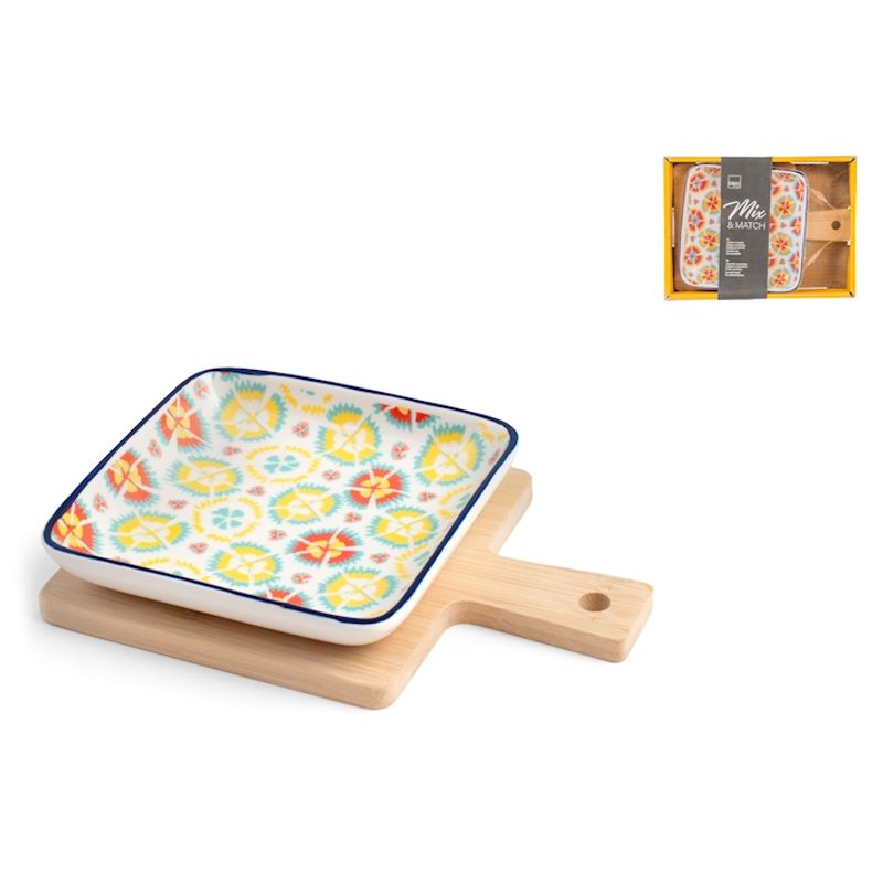 Casa si Gradina - Bucatarie si vesela - Vesela si tacamuri - Farfurii si boluri - Farfurioara patrata din portelan cu suport bambus,H&H, 12.5 cm - Infinity.ro