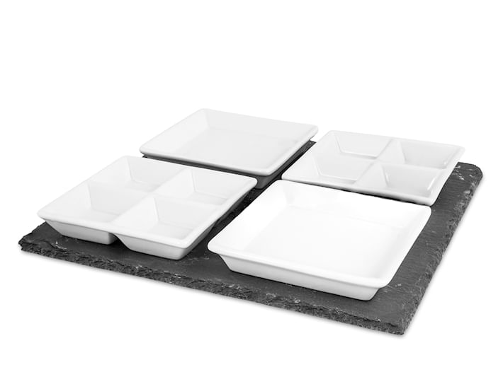 Set Suport servire ardesia cu 4 platouri de servire portelan, 30x30 cm