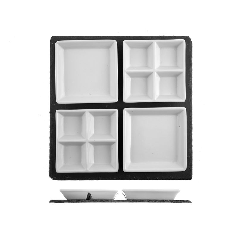 Casa si Gradina - Bucatarie si vesela - Ustensile bucatarie - Tavi servire - Set Suport servire ardesia cu 4 platouri de servire portelan, 30x30 cm - Infinity.ro