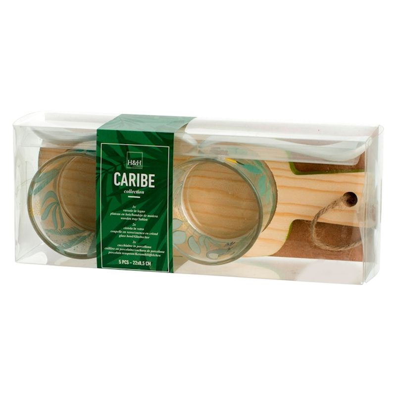 Casa si Gradina - Bucatarie si vesela - Vesela si tacamuri - Farfurii si boluri - Set 2 boluri din sticla Caribe, H&H, cu 2 lingurite din portelan, pe suport din bambus - Infinity.ro