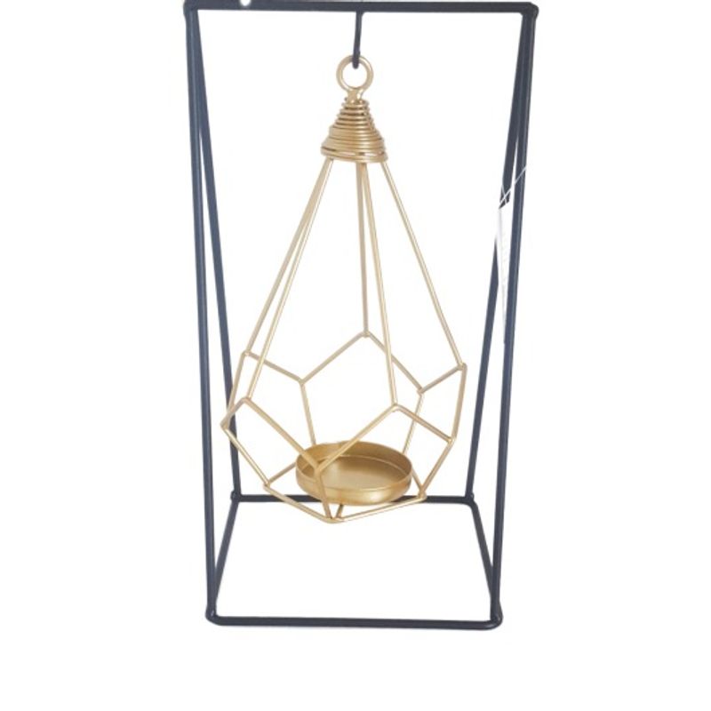 Casa si Gradina - Decoratiuni - Aromaterapie si lumanari - Suporturi lumanari - Suport cu cadru suspendat pentru lumanare, Metal, 15x12x28cm, Negru si Auriu - Infinity.ro