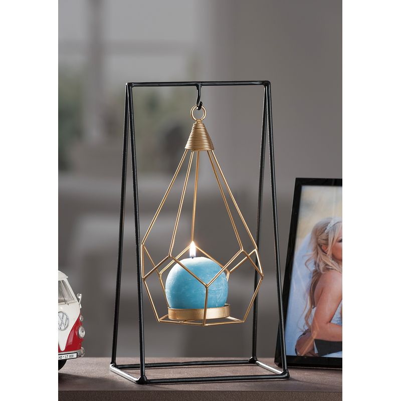 Casa si Gradina - Decoratiuni - Aromaterapie si lumanari - Suporturi lumanari - Suport cu cadru suspendat pentru lumanare, Metal, 15x12x28cm, Negru si Auriu - Infinity.ro