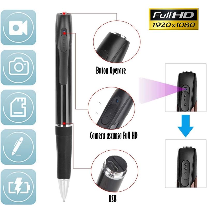 Laptop, Telefoane si Tablete - Wearables si gadgeturi - Gadgeturi - Dispozitive spionaj - Pix Spion cu Camera 1080 Full HD si Microfon, Inregistrare Audio-Video, Foto, Aparat Spion cu Camera Ascunsa - Infinity.ro