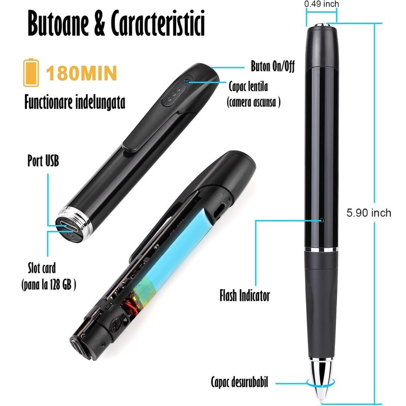 Laptop, Telefoane si Tablete - Wearables si gadgeturi - Gadgeturi - Dispozitive spionaj - Pix Spion cu Camera 1080 Full HD si Microfon, Inregistrare Audio-Video, Foto, Aparat Spion cu Camera Ascunsa - Infinity.ro