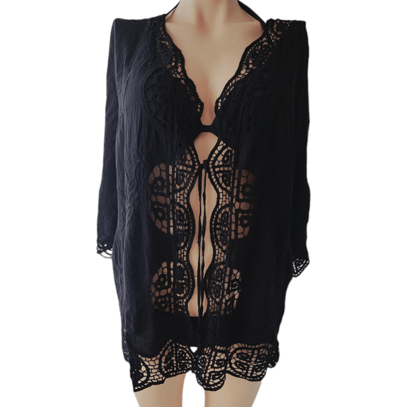 Fashion, accesorii si bijuterii - Femei - Imbracaminte femei - Rochii femei - Cardigan pentru plaja din bumbac, negru, marime S/M - Infinity.ro