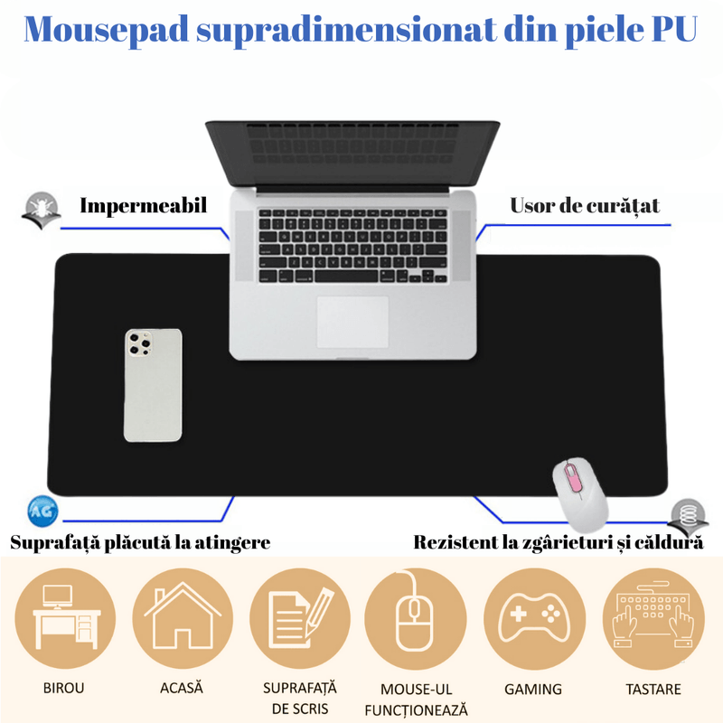 PC, gaming si accesorii - Periferice PC - Mousepad - MousePad mare XXL, din Piele PU pentru protectie birou, Suprafata moale, Impermeabil, Baza Anti-Alunecare, 120x60cm - Infinity.ro