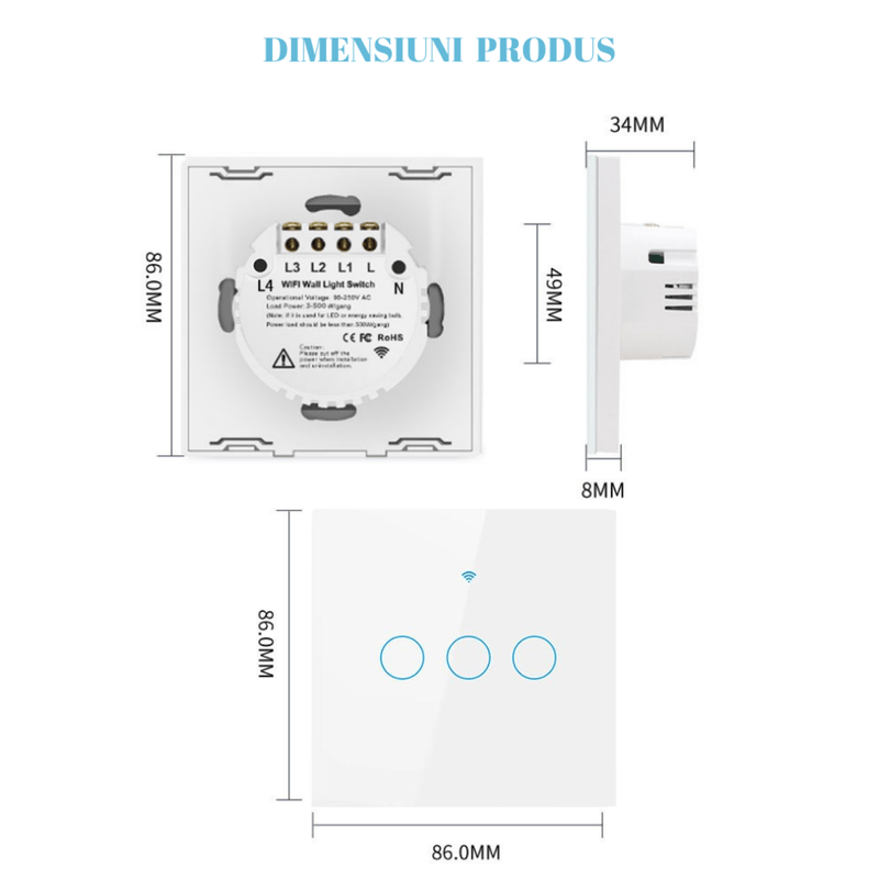 Casa si Gradina - Electrice - Accesorii electrice - Accesorii prize si intrerupatoare - Intrerupator inteligent cu touch, Wireless, Wi-fi, 3 Canale,din Sticla Securizata, Compatibil iOS/Android,Aplicatie Tuya - Infinity.ro