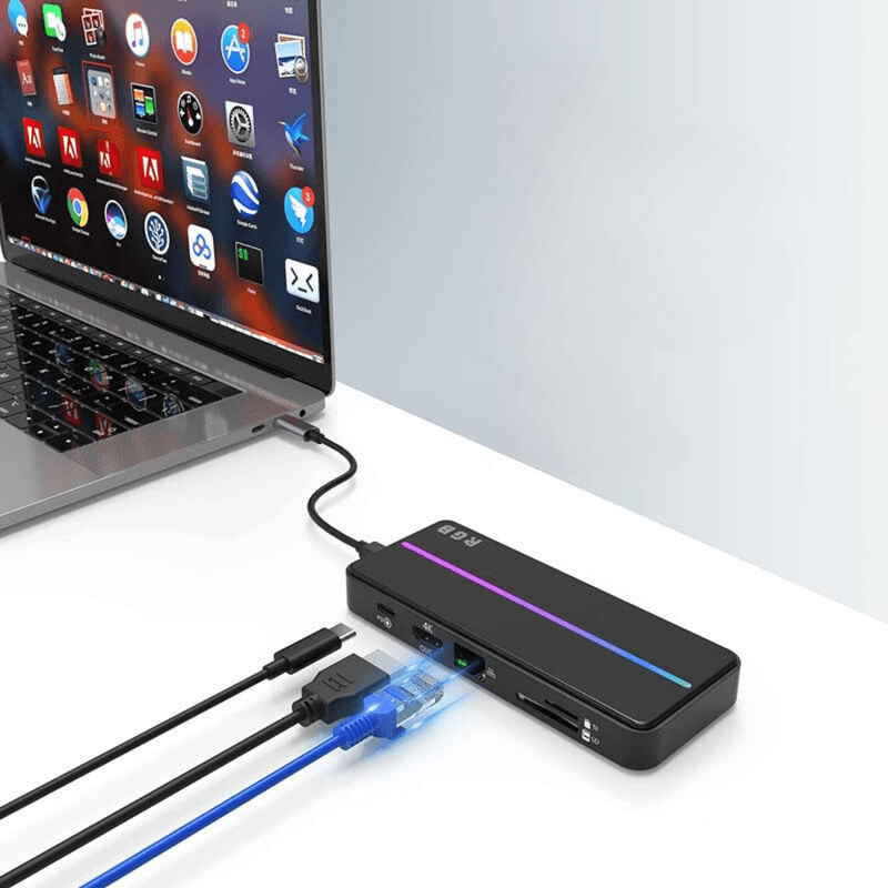 PC, gaming si accesorii/Retelistica/Hub-uri - Hub USB portabil de andocare multifunctional, 8 in 1 USB C, Port Internet, Cititor de carduri SD/TF, HDMI 4k,UBS 3.0-RGB - Infinity.ro