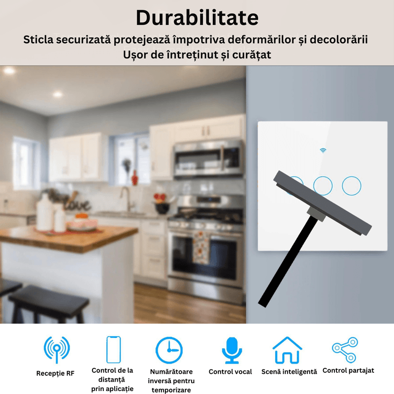 Casa si Gradina - Electrice - Accesorii electrice - Accesorii prize si intrerupatoare - Intrerupator inteligent cu touch, Wireless, Wi-fi, 3 Canale,din Sticla Securizata, Compatibil iOS/Android,Aplicatie Tuya - Infinity.ro