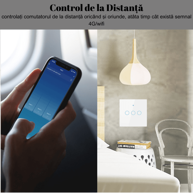 Casa si Gradina - Electrice - Accesorii electrice - Accesorii prize si intrerupatoare - Intrerupator inteligent cu touch, Wireless, Wi-fi, 3 Canale,din Sticla Securizata, Compatibil iOS/Android,Aplicatie Tuya - Infinity.ro