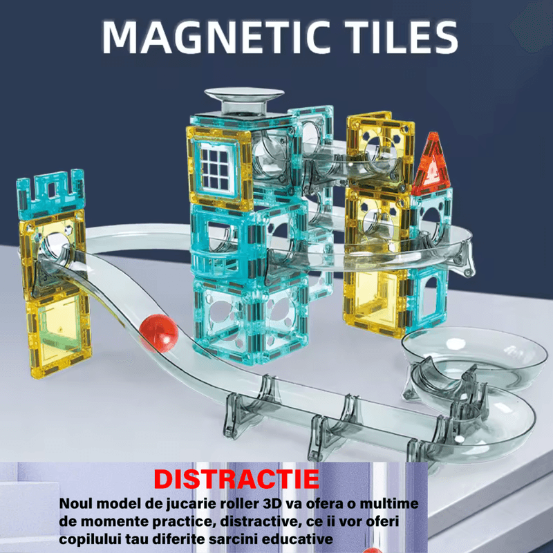 Jucarii, Copii si Bebe - Jucarii si jocuri - Seturi de constructie si cuburi - Seturi de constructie - Set de Constructie Magnetic cu Tevi Tiles, 3x minge colorata, Jucarie Educationala/ Creativa STEM, cu 66 Piese magnetice - Infinity.ro