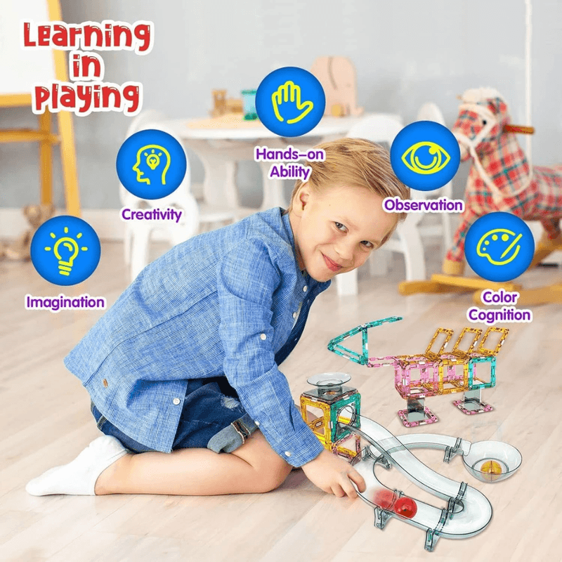 Jucarii, Copii si Bebe - Jucarii si jocuri - Seturi de constructie si cuburi - Seturi de constructie - Set de Constructie Magnetic cu Tevi Tiles, 3x minge colorata, Jucarie Educationala/ Creativa STEM, cu 66 Piese magnetice - Infinity.ro