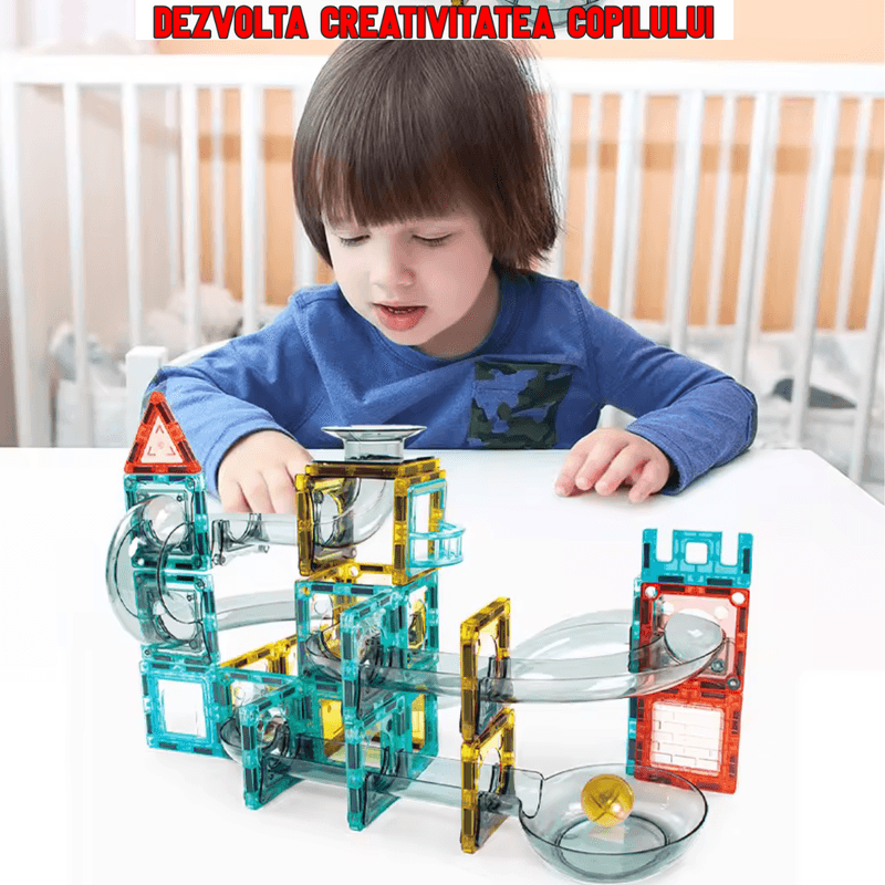 Jucarii, Copii si Bebe - Jucarii si jocuri - Seturi de constructie si cuburi - Seturi de constructie - Set de Constructie Magnetic cu Tevi Tiles, 3x minge colorata, Jucarie Educationala/ Creativa STEM, cu 66 Piese magnetice - Infinity.ro