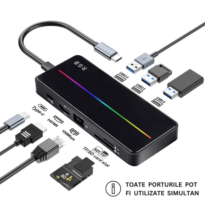 PC, gaming si accesorii/Retelistica/Hub-uri - Hub USB portabil de andocare multifunctional, 8 in 1 USB C, Port Internet, Cititor de carduri SD/TF, HDMI 4k,UBS 3.0-RGB - Infinity.ro