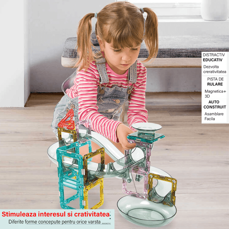 Jucarii, Copii si Bebe - Jucarii si jocuri - Seturi de constructie si cuburi - Seturi de constructie - Set de Constructie Magnetic cu Tevi Tiles, 3x minge colorata, Jucarie Educationala/ Creativa STEM, cu 66 Piese magnetice - Infinity.ro