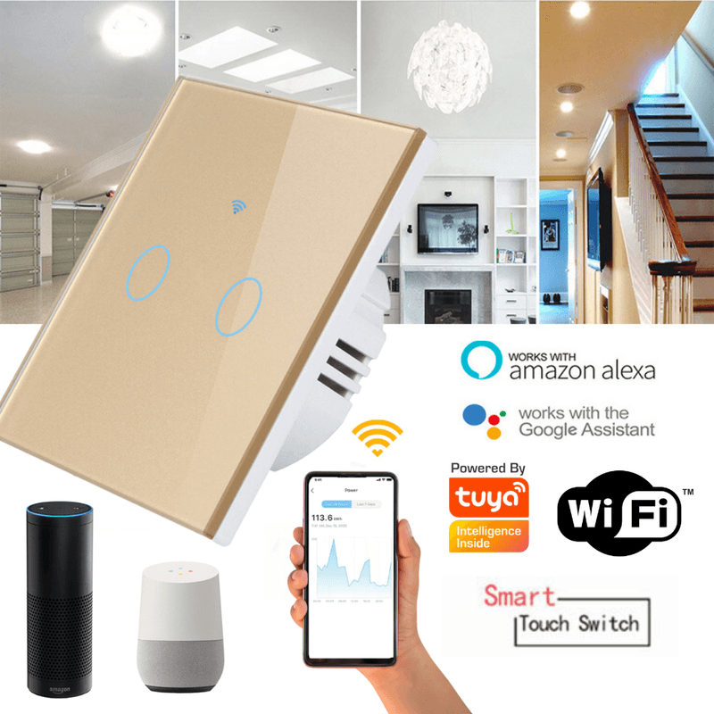 Casa si Gradina - Electrice - Accesorii electrice - Accesorii prize si intrerupatoare - Intrerupator inteligent cu touch, Wireless, Wi-fi, 2 Canale, Sticla Securizata, Compatibil iOS/Android-Tuya,Amazon Alexa - Infinity.ro