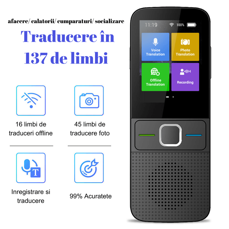 Laptop, Telefoane si Tablete - Wearables si gadgeturi - Gadgeturi - Dispozitive anti-pierdere - Translator inteligent Vocal Digital Bidirectional cu peste 137 Limbi Online si Offline,Traducator in timp real,voce,text - Infinity.ro