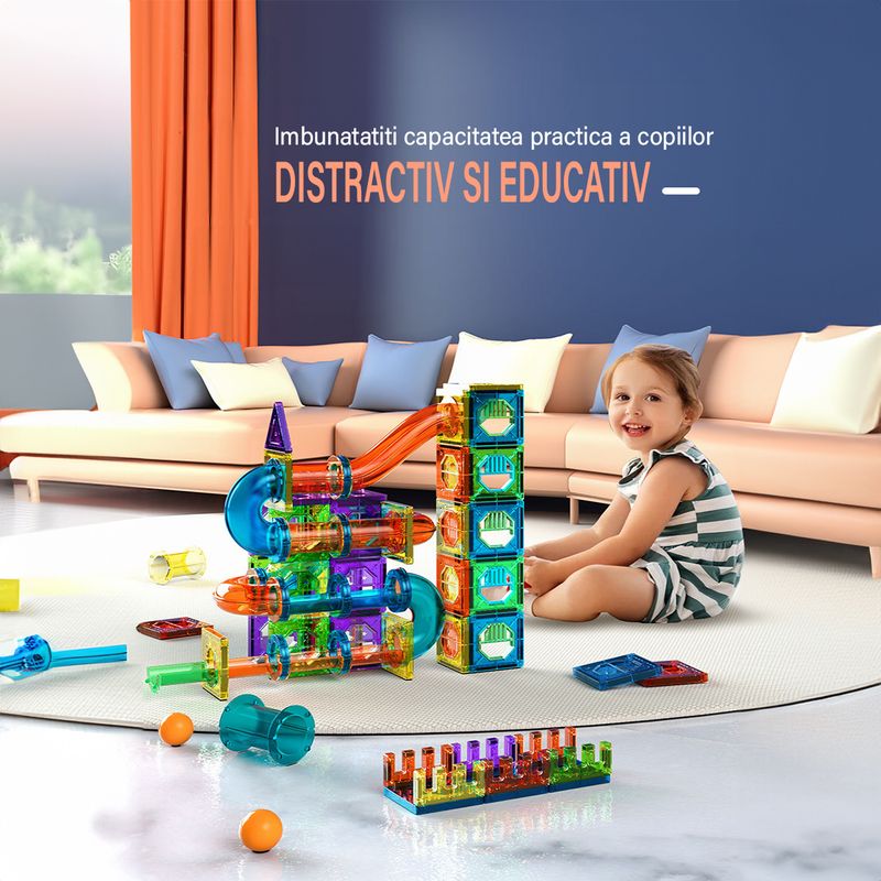 Jucarii, Copii si Bebe - Jucarii si jocuri - Seturi de constructie si cuburi - Seturi de constructie - Set de Constructie Magnetic cu Tevi Tiles 3D si minge colorata, Jucarie Educationala STEM, 136 Piese, forme multiple - Infinity.ro
